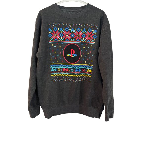 PlayStation Other - PlayStation Holiday Crewneck Sweater Mens Size L Gray Retro Gaming Sweater